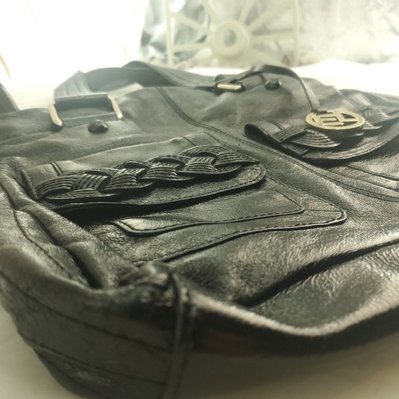 Elliott Lucca Womens Black Leather Double Handles Classic Shoulder Handbag - Picture 4 of 15